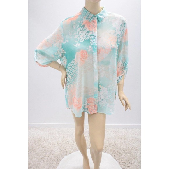 Chicos Blouse Womens Top size 3 XL 16 Tab Sleeve Green Peach Floral Split Back - Picture 5 of 10